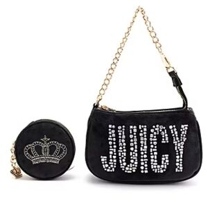 Juicy Couture Black Velour Rhinestone Wristlet and Coin Pouch 2 Piece Set
